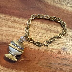 Vintage 1950s Gold Chunky Charm Bracelet Rhinestone Perfume Bottle Style Pendant